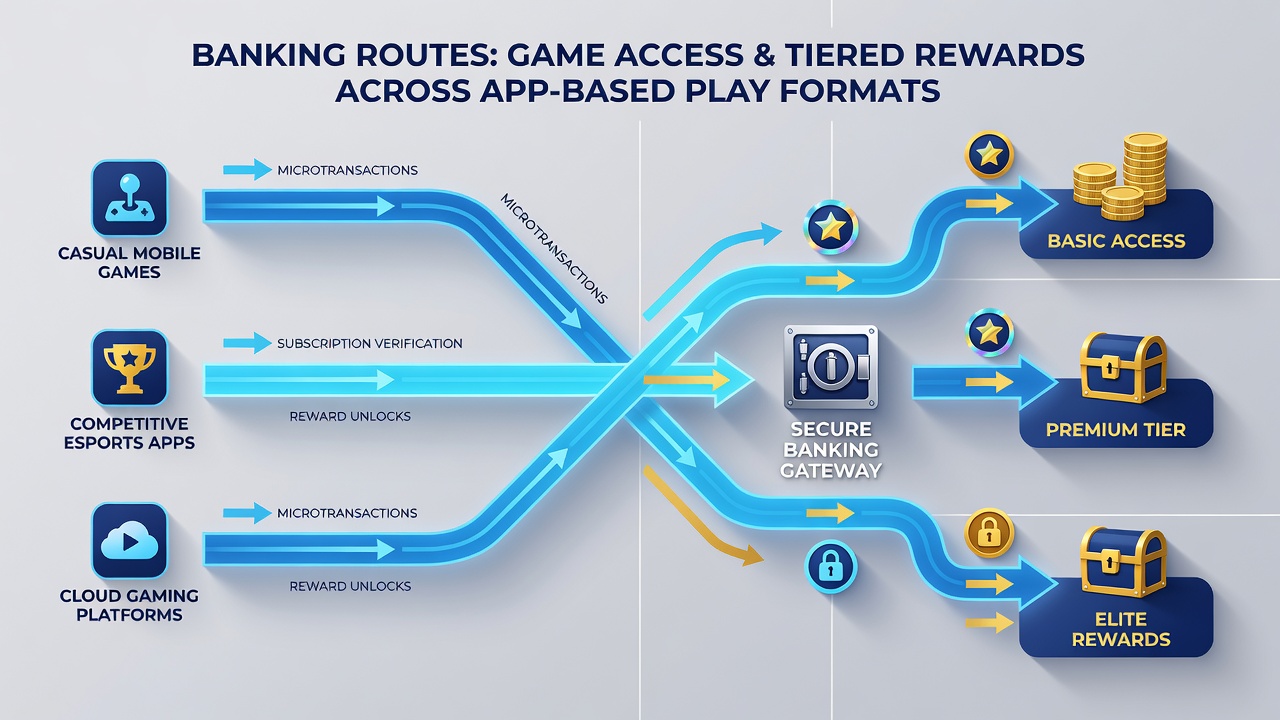 Infographic showing connections between payment methods, game libraries, and loyalty tier progression on smartphone screens