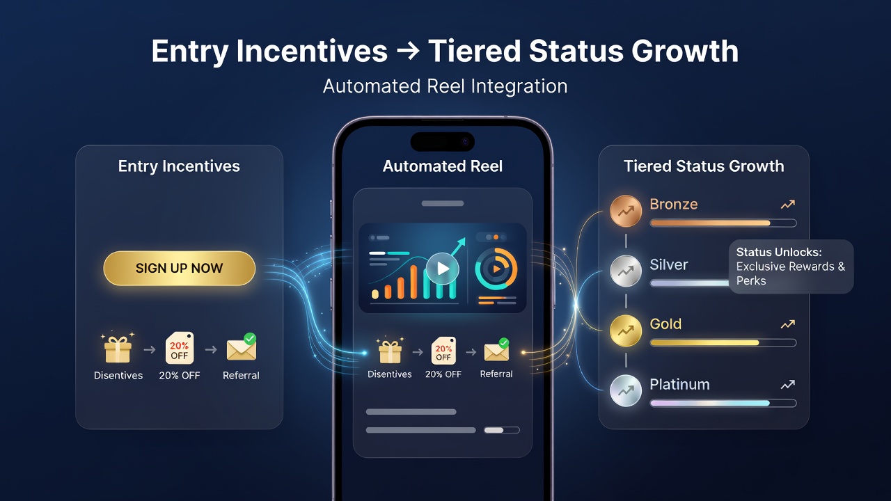 Smartphone screen showing loyalty tier dashboard connected to deposit options and live dealer game lobby
