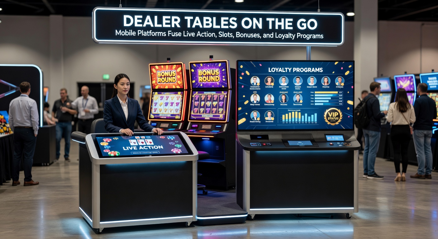 Mobile screen split between a live baccarat dealer and a loyalty rewards dashboard with bonus icons and slot previews