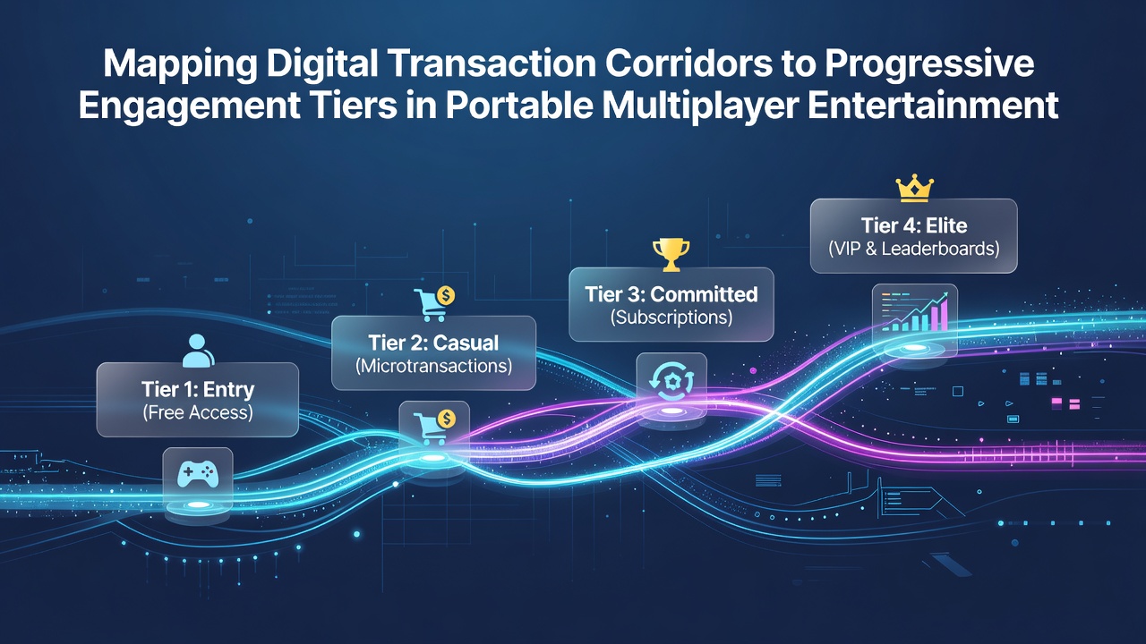 Infographic illustrating tiered user progression linked to transaction corridors in handheld multiplayer entertainment systems