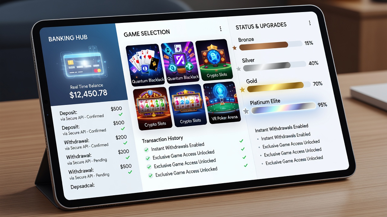 Smartphone screen displaying loyalty tier progression next to various banking and game selection menus