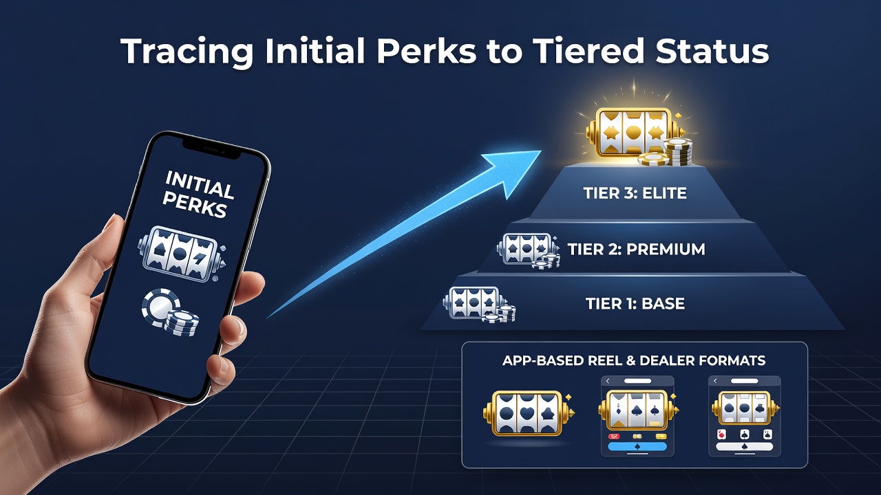 Progression chart illustrating movement from starter perks to VIP tiers on smartphone screens